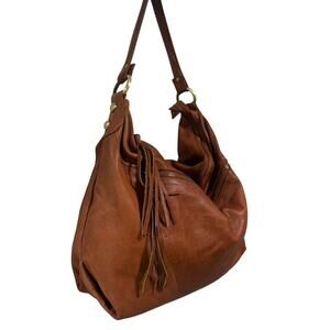 Vintage Sorpresa Cognac Brown Leather Slouch Hobo Bag Fringe Tassel Large
